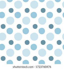 Abstract trendy design. Polka dots of different blue tones and sizes on a white background. Seamless vector illustration. For textiles, surfaces, packaging.