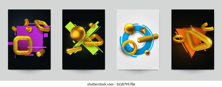 Abstract trendy digital background in modern design style with simple shapes and gold geometric 3d form. Collection creative templates for cover, poster, banner, card, flyer. Vector illustration.