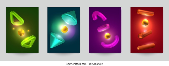 Abstract trendy digital background in modern design style with colorful realistic 3d geometic shapes. Collection creative templates for cover, poster, banner, card, flyer. Vector illustration.