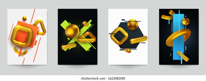 Abstract trendy digital background in modern design style with simple shapes and gold geometric 3d form. Collection creative templates for cover, poster, banner, card, flyer. Vector illustration.