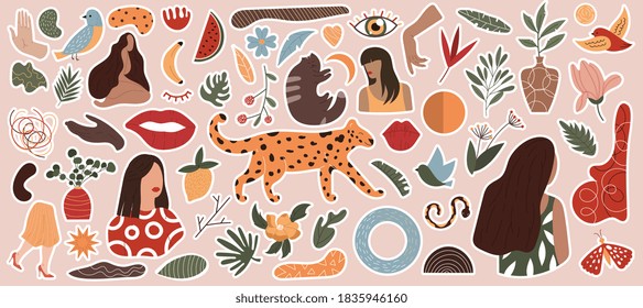 Abstract trendy doodle art stickers. Set of hand drawn cat, birds, eye, women, plants, silhouettes, object, blob. Design elements. Set of flat cartoon vector illustrations isolated on white