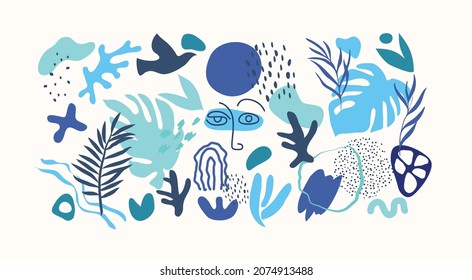 Abstract trendy doodle in organic freehand matisse art style. Hand drawn various Shapes and objects. Contemporary modern icons templates for posters, Social media. Vector