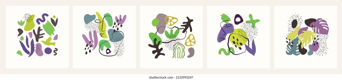 Abstract trendy doodle in organic freehand matisse art style. Hand drawn various Shapes and objects. Contemporary modern icons templates for posters, Social media. Vector