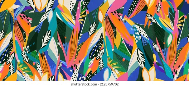 Abstract trendy exotic floral jungle pattern. Collage contemporary seamless pattern. Hand drawn cartoon style pattern. 