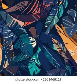 Abstract Trendy Exotic Jungle Plants Pattern features sharp textures, perfect for backgrounds, posters, cards, textiles, wallpaper templates, pillows, dresses, shirts, and sheets