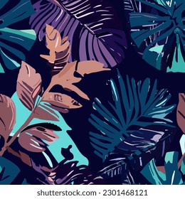 Abstract Trendy Exotic Jungle Plants Pattern features sharp textures, perfect for backgrounds, posters, cards, textiles, wallpaper templates, pillows, dresses, shirts, and sheets