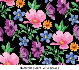 Abstract trendy floral pattern. seamless pattern with many kinds of flowers and leaves. Hand drawn pattern. perfect for textiles and decoration. Colorful abstract flower on a dark background.