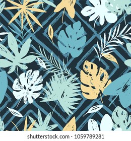 Abstract trendy floral seamless pattern with textured hand drawn monstera leaves on the black and white geometric background. Modern abstract design for paper, cover, fabric, interior decor.