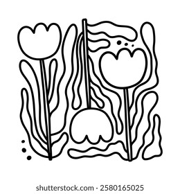 Abstract trendy flower outline illustration. Floral doodle contour shape in trendy naive hippie 70s style. Retro tulip template. Hand drawn black line illustration isolated on white background.