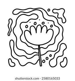 Abstract trendy flower outline illustration. Floral doodle contour shape in trendy naive hippie 60s style. Retro tulip template. Hand drawn black line illustration isolated on white background.