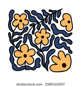 Abstract trendy flower outline illustration. Floral doodle contour shape in trendy naive hippie 70s style. Retro daisy template. Hand drawn yellow illustration isolated on white background.