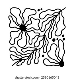 Abstract trendy flower outline illustration. Floral doodle contour shape in trendy naive hippie 60s style. Retro daisy template. Hand drawn black line illustration isolated on white background.