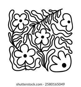 Abstract trendy flower outline illustration. Floral doodle contour shape in trendy naive hippie 70s style. Retro daisy template. Hand drawn black line illustration isolated on white background.