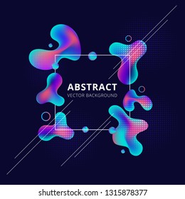 Abstract trendy fluid shape bright gradient colors on dark background. White frame liquid or ink drops design element with Copy Space. Vector Illustration
