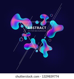 Abstract trendy fluid shape bright gradient colors on dark background. Triangle white frame liquid or ink drops design element with Copy Space. Vector Illustration