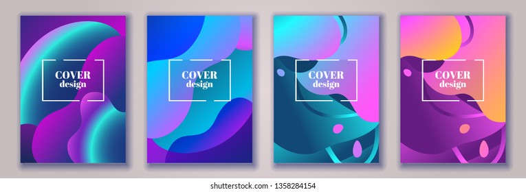 Abstract trendy fluid wavy neon background set. Red, cyan, violet, orange, pink, dark colors, gradient. Modern 3d style. Applicable for cover, brochure, flyer design. Vector illustration, Eps10.
