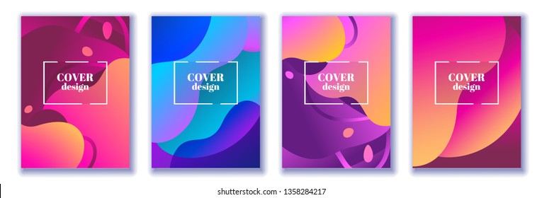 Abstract trendy fluid wavy neon background set. Red, cyan, violet, orange, pink, dark colors, gradient. Modern 3d style. Applicable for cover, brochure, flyer design. Vector illustration, Eps10.