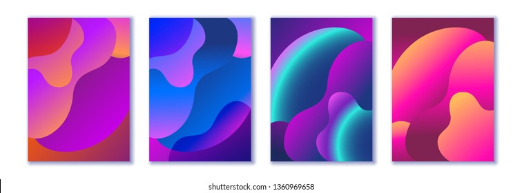 Abstract trendy fluid wavy neon background. Red, cyan, violet, orange, pink, dark colors, gradient. Modern 3d style. Applicable for cover, brochure, flyer, template design. Vector illustration, Eps10.