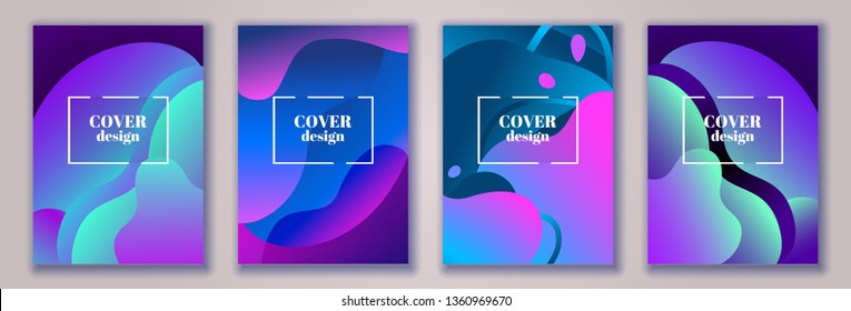 Abstract trendy fluid wavy neon background set. Cyan, blue, pink, violet, dark colors with gradient. Modern 3d style. Applicable for cover, brochure, flyer template design. Vector illustration, Eps10.