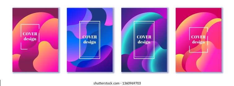 Abstract trendy fluid wavy neon background set. Red, cyan, blue, orange, pink colors. Modern 3d style, gradients. Applicable for cover, brochure, flyer template design. Vector illustration, Eps10.