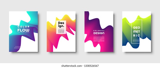 Abstract trendy geometric background with liquid gradient. Colorful blue, red, yellow and green dynamic curve wave. Modern motion banner set. Vector illustration.