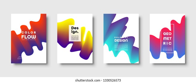 Abstract trendy geometric background with liquid gradient. Colorful blue, red, yellow and green dynamic curve wave. Modern motion banner set. Vector illustration.