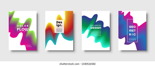 Abstract trendy geometric background with liquid gradient. Colorful blue, red, yellow and green dynamic curve wave. Modern motion banner set. Vector illustration.