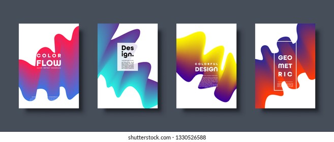 Abstract trendy geometric background with liquid gradient. Colorful blue, red, yellow and green dynamic curve wave. Modern motion banner set. Vector illustration.