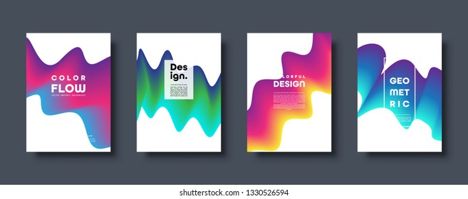 Abstract trendy geometric background with liquid gradient. Colorful blue, red, yellow and green dynamic curve wave. Modern motion banner set. Vector illustration.