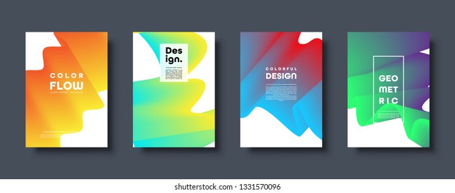 Abstract trendy geometric background with liquid gradient. Colorful blue, red, yellow and green dynamic curve wave. Modern motion banner set. Vector illustration.