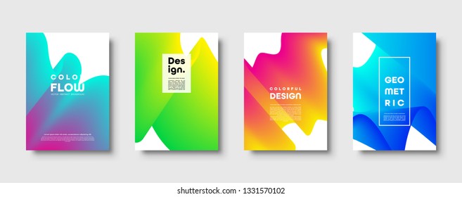 Abstract trendy geometric background with liquid gradient. Colorful blue, red, yellow and green dynamic curve wave. Modern motion banner set. Vector illustration.