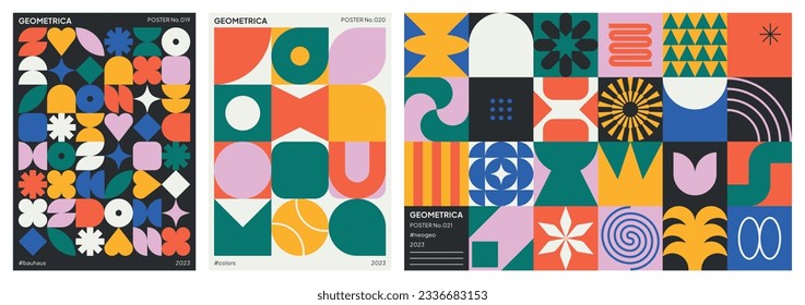 Abstract trendy geometric colorful backgrounds. Geometric patterns with minimalist shapes and symbols. Modern graphic design for banner, poster, cover, print, card or packaging. Vector illustration.