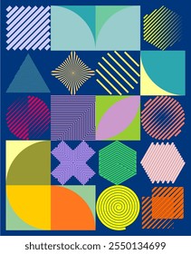 Abstract trendy geometric colorful backgrounds. Geometric pattern with minimalist shapes and symbols. Modern graphic design for banner, poster, cover, print, card or packaging. Bauhaus, Swiss Design.