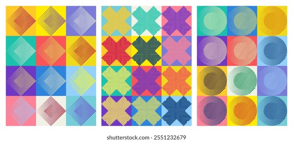 Abstract trendy geometric colorful backgrounds. Geometric patterns with minimalist shapes and symbols. Modern graphic design for banner, poster, cover, print, card or packaging. Swiss design.