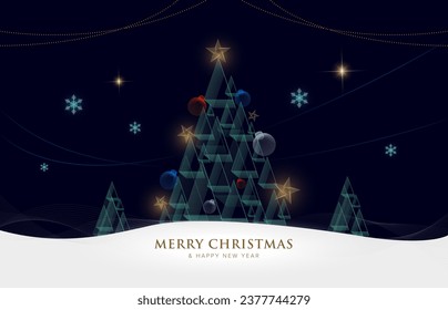 Abstract trendy geometric line art Christmas tree, with Christmas ornaments and shiny sparkles in black background. Vector illustration of holiday greeting cards, poster, banner.