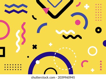 Abstract trendy geometric pattern colorful on yellow background memphis style. Vector illustration