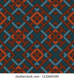 Abstract trendy geometric seamless pattern of teal, blue, orange, and brown shades