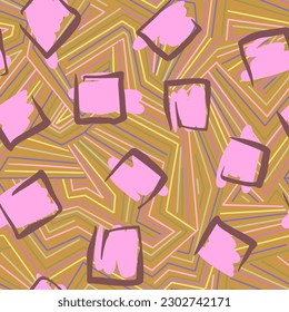 Abstract trendy geometric seamless pattern with lines and scattered rectangles. Polygonals overlay on broken stripes texture. Urban sport style background.