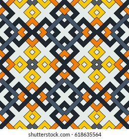 Abstract trendy geometric seamless pattern of black, grey, yellow, and orange shades