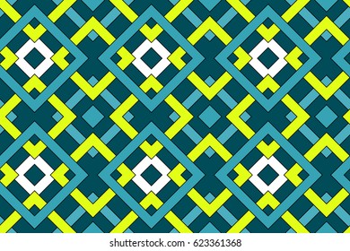 Abstract trendy geometric seamless pattern with celtic ornament of blue, teal, yellow, and white shades