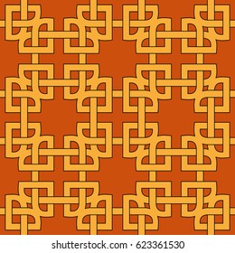 Abstract trendy geometric seamless pattern with celtic ornament of orange shades