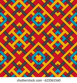 Abstract trendy geometric seamless pattern of red, blue, grey, and yellow shades