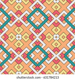 Abstract trendy geometric seamless pattern of red, orange, teal, yellow, and white shades