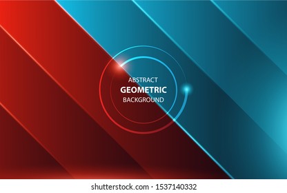 Abstract trendy gradient blue and red shapes with lighting ray concept on dark background. Modern vector design template for use cover, banner, advertising, corporate, card, flyer, presentation