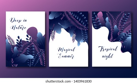 Abstract trendy gradient forest leaves posters set template with copy space for text  on dark blue background. Modern gradient design. Vector illustration.