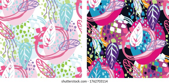 Abstract trendy hand drawn doodle pattern background with brush splash. Background template design for banner, web, social media, instagram.