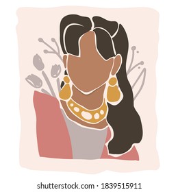 Abstract trendy hand drawn poster of an Indian woman or stylish lady. Modern art in a simple style with pastel background and floral elements.