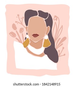 Abstract trendy hand drawn poster of a beautiful woman or stylish lady. Modern art in Scandinavian simple style with pastel background and floral elements.