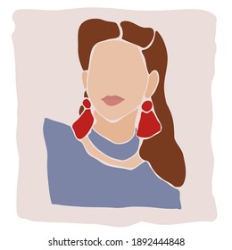 Abstract trendy hand drawn poster of a beautiful woman or stylish lady. Modern art in Scandinavian simple style with pastel background. Accent on face, hair and jewelry.
