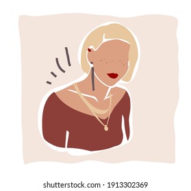 Abstract trendy hand drawn poster of a beautiful woman or stylish lady. Modern art in Scandinavian simple style with pastel background. Accent on face, hair and jewelry.